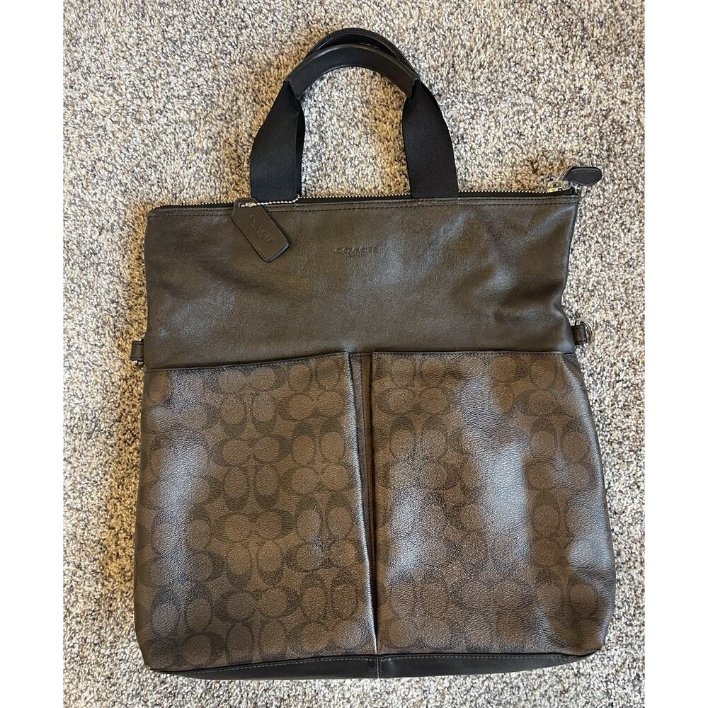 Coach Charles Fold-over City Tote Bag Large Without Strap Brown Logo Leather